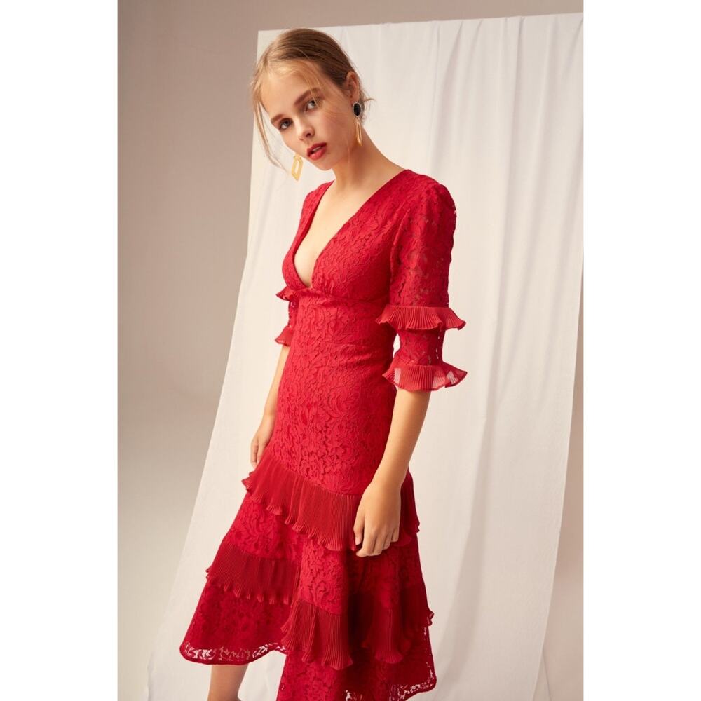 Anthropologie Lace Dress Midi Red Keepsake The Label Timeless S Ruffle Pleat